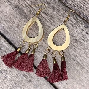 Elegant Cream and Burgundy Tassel Earrings
